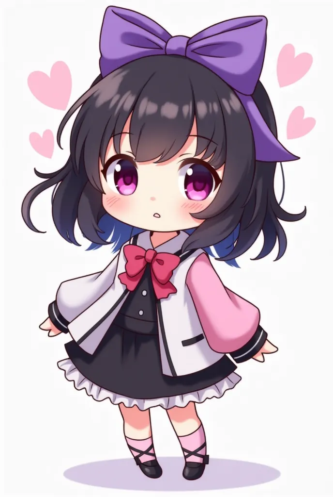 Chibi girl, black hair,two purple and pink bow,pink ayes, black white pink and purple outfit 