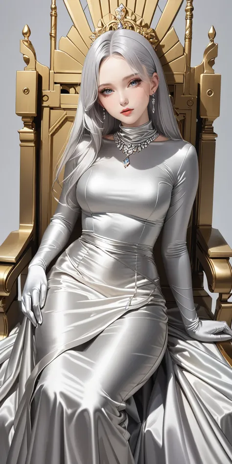 Portraiture、(masterpiece,Highest quality,Ultra-high resolution),Japanese women with silver hair, (((Very beautiful 25 year old girl)))、(She is wearing a shiny light silver satin long sleeve outfit..)、The dress has a simple design without any patterns...、((...