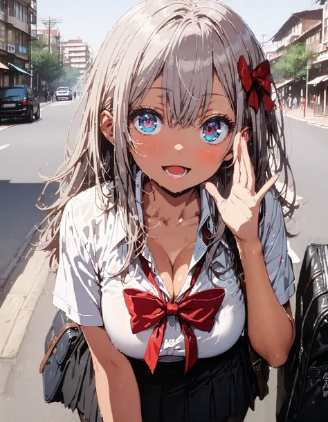  alisa mikhailovna kujou ,  long hair, bangs,  blue eyes,  hair bow, stupid hair,  Grey Hair ,smile,blush, open your mouth,  school uniform, tan,  white shirt, Short sleeve, Big Breasts, cleavage, gal, collared shirt,Short sleeve,School bag , black mini pl...