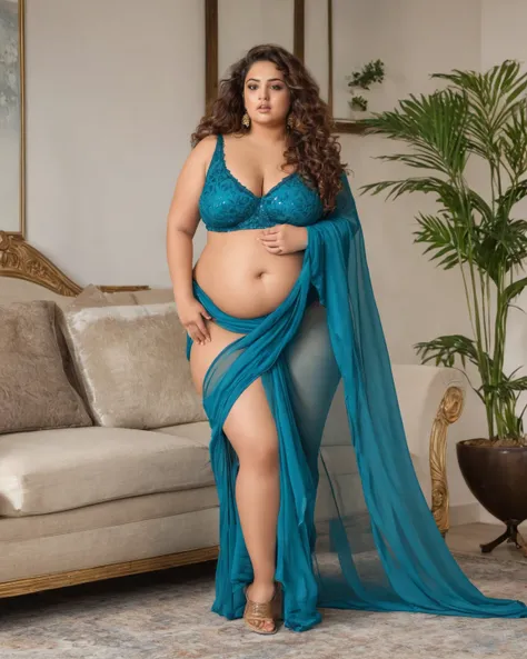 A thick BBW curvy sexy glamorous girl with pretty face blue eyes long brown curly hair style full cosmetics makeup wide hips thick big thighs is wearing lowwaist transparent indian style chiffon Saree open showing her sexy curvy chubby belly navel thick bi...