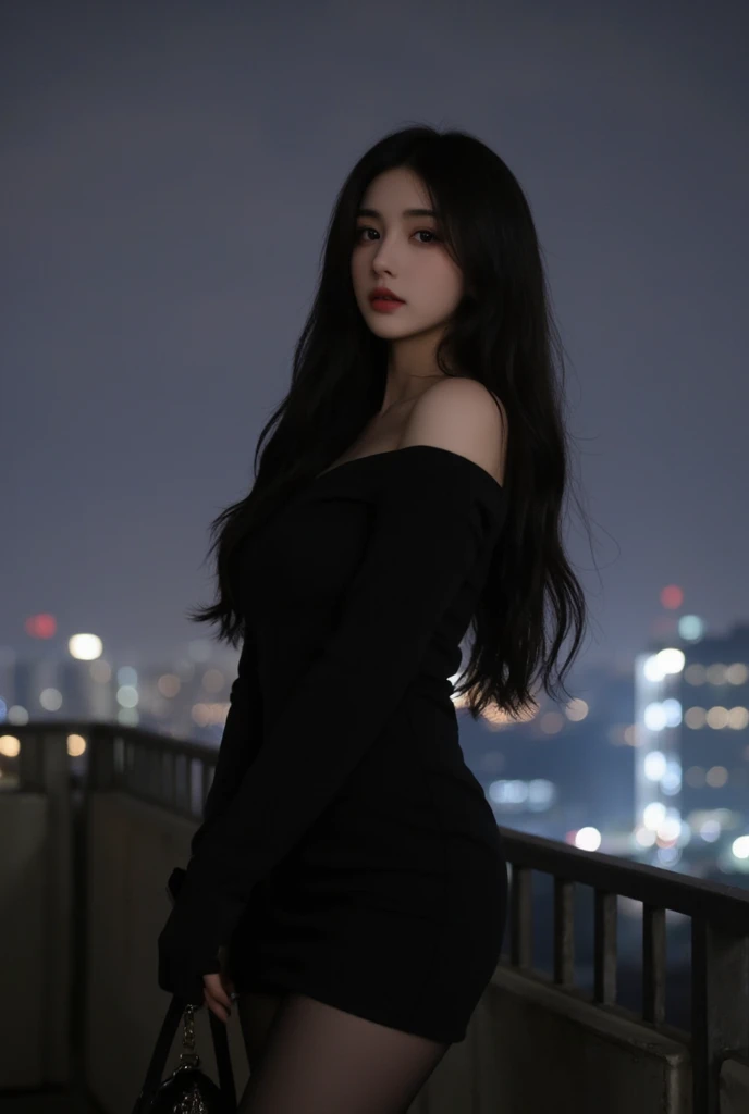  1 girl, alone,  black long hair, black dress , black pearl silk stockings, black velvet pumps , realistic,lips,parted lips, cowboy shot ,night, blurry city background ,Zitome, floating hair,