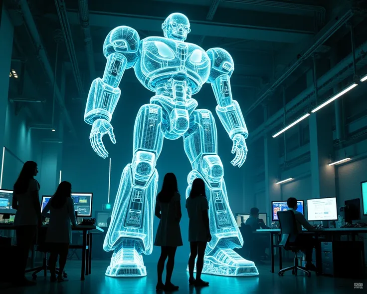 A blueprint-style hologram displaying the internal mechanical structure of a giant robot, approximately the height of a two-story building. The hologram is projected in a high-tech electronics lab. A group of young woman scientists stands nearby, gazing up...