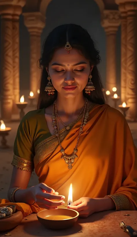 "Create a realistic and serene image of a 22-year-old beautiful young woman from the Purana period, dressed in elegant traditional attire, lighting a ghee lamp (Nei Deepam) in her home. Her expression is calm and devotional, with her eyes reflecting faith ...