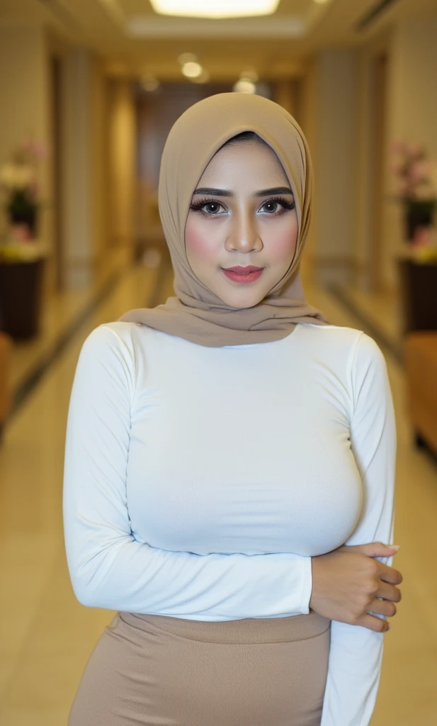 A beautiful woman wearing a beige hijab and a stylish modest outfit. She wears a tight-fitting white long-sleeve top and a high-waisted beige skirt, standing in a modern, elegant interior with warm lighting. Her expression is soft and confident, with delic...