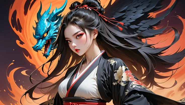 (masterpiece, ultra detailed,best quality,japanese girl with a BLACK aura sword and a black DRAGON aura SMOKE background, pose samurai , (((1 girl))), (((Flashy makeup))), (((Japanese style mask ))) (((hiphop jacket kimono armor ))),(((TATOO))), beautiful ...