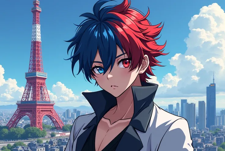 je veux logo d'anime de gang oshaji
avec des personnage charismatique menaçant avec des cheveux rouge et bleu
 forms dragons yeux ecarlate veste blanc et noir au sommet de la tours de Tokyo city en fonds 
creer Par IA Artificiel.