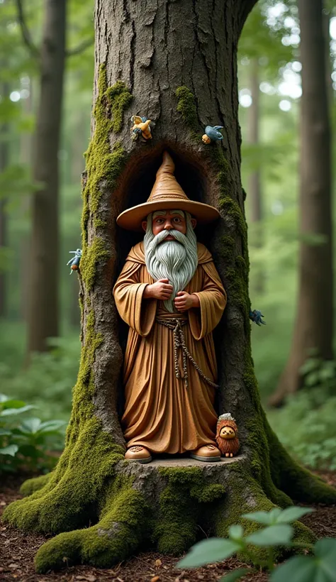 A wood  carvings art on a tree of a wizard and pixies genomes a photoshoot in the forest