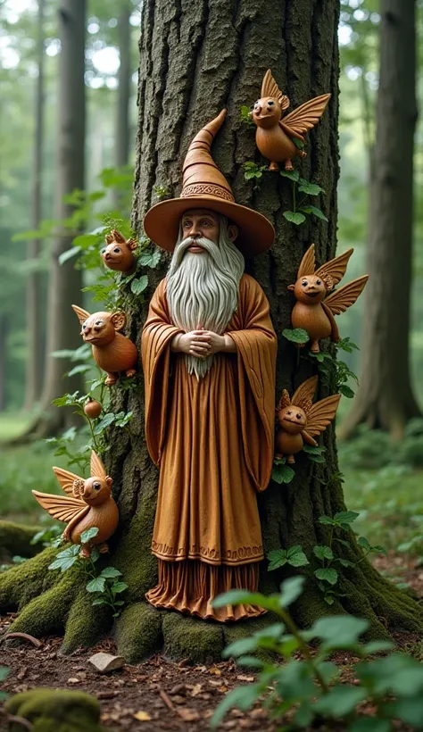 A wood  carvings art on a tree of a wizard and pixies genomes a photoshoot in the forest