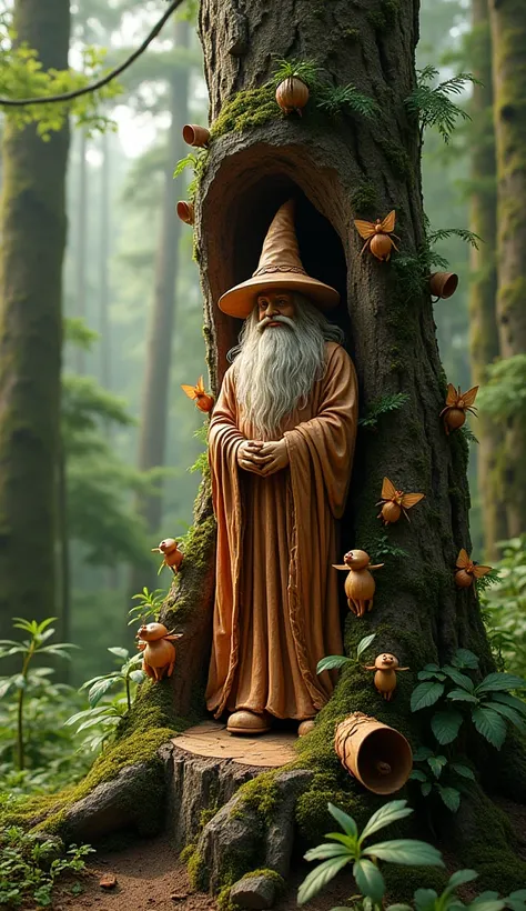 A wood  carvings art on a tree of a wizard and pixies genomes a photoshoot in the forest