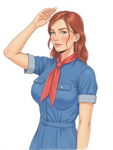  girl, Soviet appearance, 26 years old,   dressed in a blue short-sleeved shirt,  big breasts, breasts are visible,  a red scarf is tied around his neck ( pioneer tie ) , holds his hand to his head (how pioneers , salute) , girl sketched in colored pencil ...