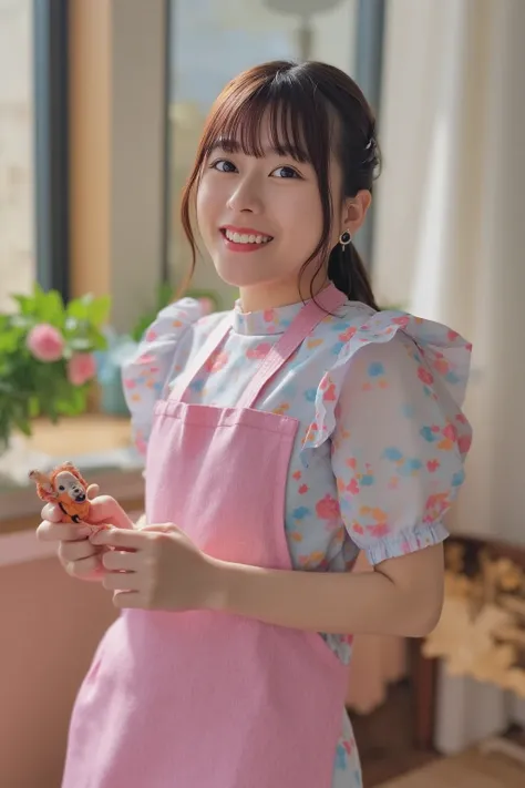  Super Fine、 up of her face 、 and she has a smile showing her teeth,  apron to interact with kindergarteners,The background is a kindergarten、   high image quality、細部にわたって  high image quality,I'm wearing a ,There are ren all around her