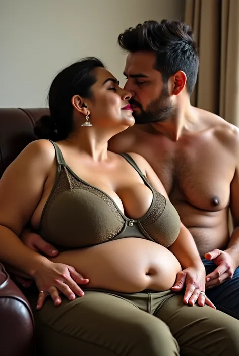 Pakistani Punjabi 60 year old bbw chubby plus sized wife ,(wearing olive colour transparent deep neck  cleavage bra, very huge swooping breasts) and 27 year old shirtless man driver kissing on a chair. very bright light, front view 