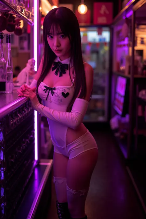 Genuine, rating_safe,    High Res Images  , masterpiece,  top quality ,     High Quality  ,    very detailed,    detailed information, Sharp details, Professional Writing , alone, 1 girl, young Japanese woman, neon-lit store interior in a dark bar,Small He...