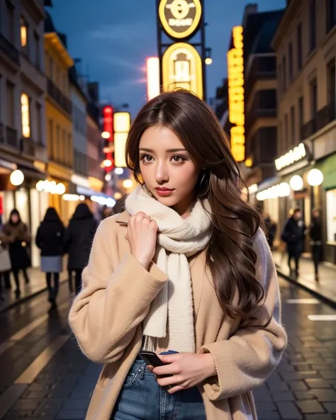 photorealistic, young woman, long wavy dark brown hair, soft makeup, wearing a beige faux fur coat, thick wool scarf, black top, high-waisted blue jeans, holding a smartphone, standing on a Parisian street, classic European architecture, warm café lights, ...