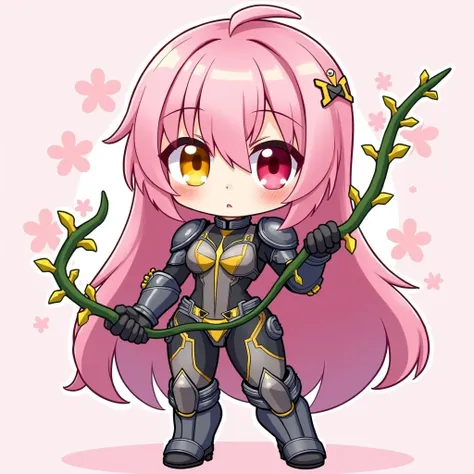 Chibi anime art style, female character, pink long hair, golden right eye, red left eye, futuristic high tech armor suit, confident expression, erotic pose, holding a green vines whip with yellow details and thorns, pink blossom background