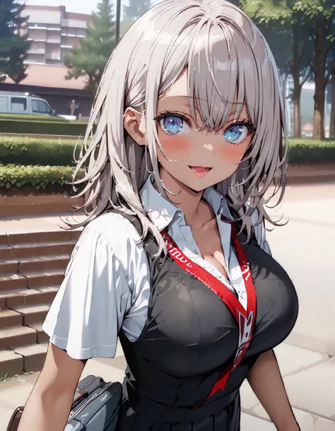  alisa mikhailovna kujou ,  long hair, bangs,  blue eyes,  hair bow, stupid hair,  Grey Hair ,smile,blush, open your mouth,  school uniform, tan,  white shirt, Short sleeve, Big Breasts, cleavage, gal, collared shirt,Short sleeve,School bag , black mini pl...