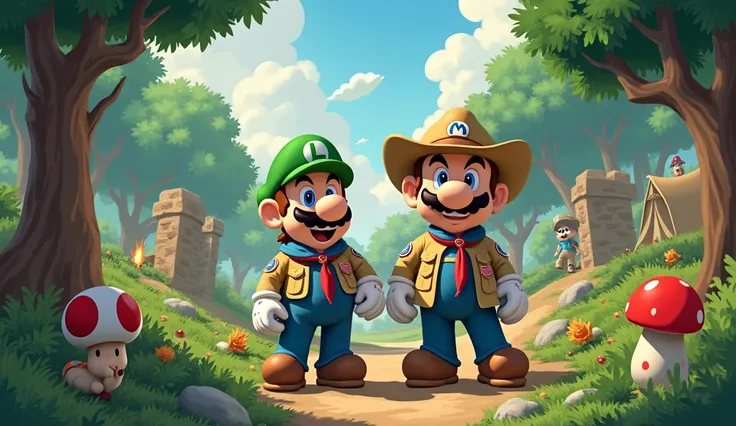 make a background with mario bros as the main theme and pioneering as boy scouts