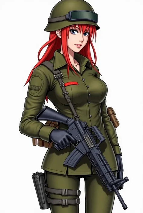 Physical features: she is a little skinny  ,  with small tits and a small ass  ,  long hair a little red and a brunette .
 Apparel:military clothing , a military helmet ,  an assault rifle and a gun in her pocket.