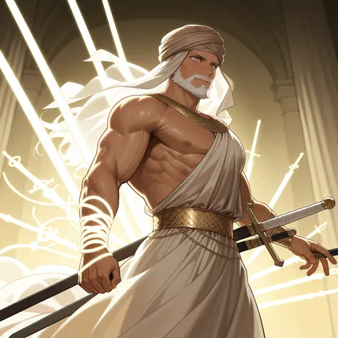  one man , Arabic features ,beard ,  wearing an ornate dress ,  brown turban  ,  whose hand is made of white light ,  Hazel eyes  , Strong body , muscular ,He carries two swords , Hey 