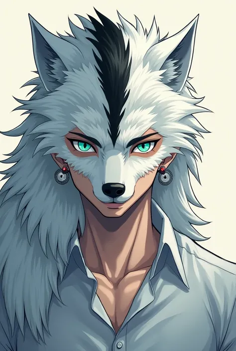 handsome werewolf man with white hair color with black stripe line, then have turquoise eyes,  wears a suit shirt and wears earrings like anime tanjiro, cold-faced portrait yet looks dashing 