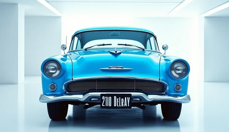  A captivating and futuristic image of the 1954 Chevrolet 210 Delray is displayed in a luxurious white showroom. The car is painted in a striking vibrant blue  hue, emphasizing its sleek, aerodynamic design with bold accents that highlight the cutting-edge...