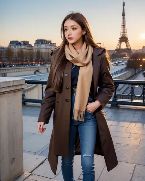 (8K, best quality, masterpiece), (gorgeous woman:1.3), (long silky brown hair:1.2), (fashionable winter coat:1.3), (light scarf:1.2), (slim fit jeans:1.1), (Paris architecture:1.3), golden hour, slight breeze, urban chic
