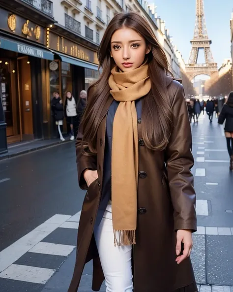 (8K, best quality, masterpiece), (gorgeous woman:1.3), (long silky brown hair:1.2), (fashionable winter coat:1.3), (light scarf:1.2), (slim fit jeans:1.1), (Paris architecture:1.3), golden hour, slight breeze, urban chic
