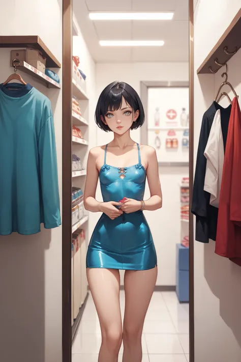  girl,  grey eyes,  short hair,  black hair,  very small breasts,  skinny legs,  wide hips,  short dress, fitting room in the store