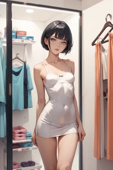  girl,  grey eyes,  short hair,  black hair,  very small breasts,  skinny legs,  wide hips,  short dress, fitting room in the store