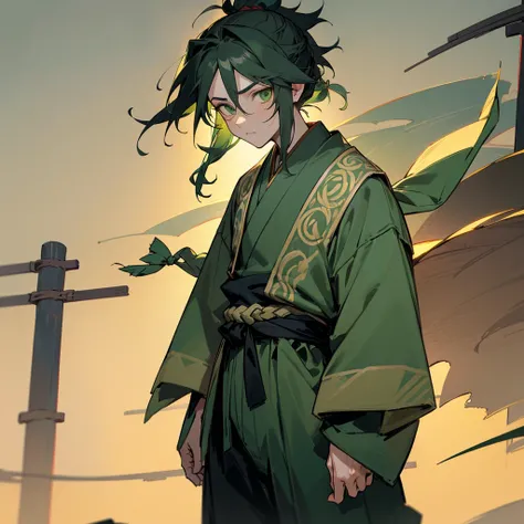 1male, adult, finely detailed emerald green eyes, (wild medium hair), braided black ponytail, open haori, layered clothing,  baggy pants, somber expression, (perfect generation), standing on street, detailed background