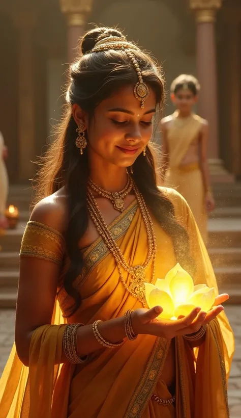 "Create a realistic and mystical image of a 22-year-old beautiful young woman from the Purana period, dressed in elegant traditional attire, experiencing a divine moment as she receives athisayam (miraculous fortune). Her face glows with wonder and gratitu...