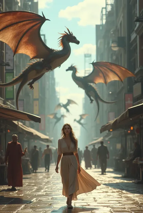 I want to make a woman walking in the street full of dragon