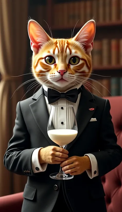 A cat wearing a tuxedo, holding a wine glass filled with milk.