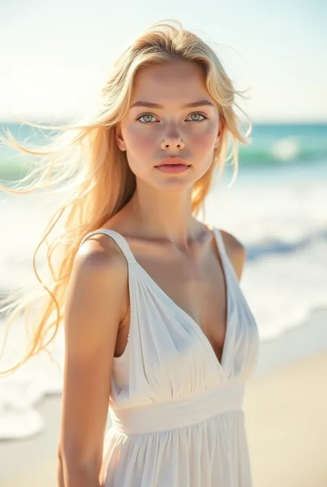 Create a light-eyed blond long hair avatar  ,  plump lips,  wearing a beautiful flowing white cotton dress on a beautiful beach 