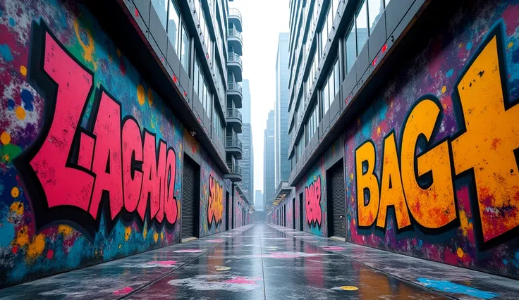 A futuristic urban alleyway covered in colorful graffiti, shot from a ground-level perspective, with towering city skyscrapers in the background.