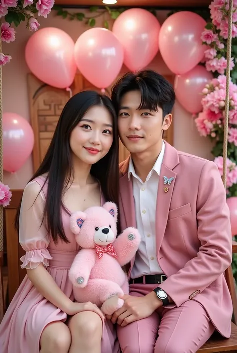  features high resolution full HD full body , couple couple   .Gadis Korea Berkulit putih wajah terawat cantik sedang duduk sambil membawa buket bunga mawar yang dihias dan boneka Tedy bear warna pink dengan pria Korea ganteng mengenakan smiling expression...