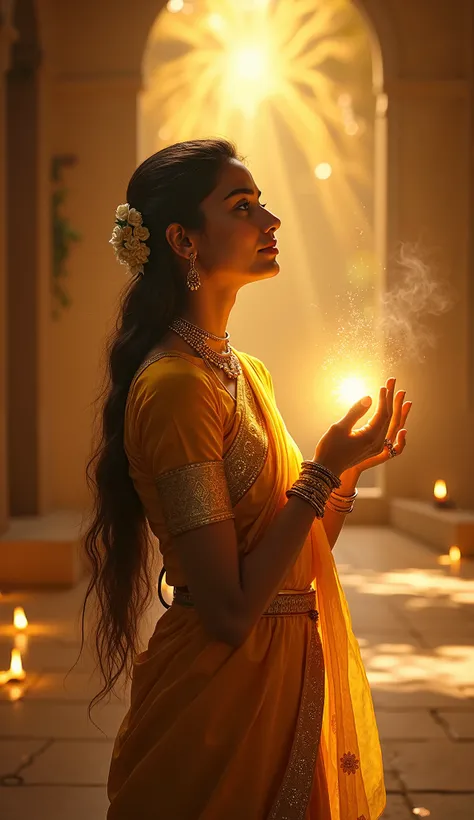 "Create a realistic and mystical image of a 22-year-old beautiful young woman from the Purana period, dressed in elegant traditional attire, experiencing a divine moment as she receives athisayam (miraculous fortune). Her face glows with wonder and gratitu...