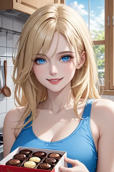 (masterpiece,  best quality, 8k,  high definition), whole body, 1 woman, medium-length straight blonde hair dyed with blue highlights, mid-chest, soft blue eyes, soft lips, pale skin, beautiful face, wearing a red tanktop, natural light, detailed backgroun...