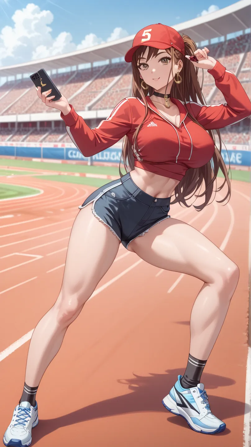 Sexy Ayane, UHD,   long hair,  Brown Eyes,  big breasts,  sports cap wearing a large open red sweatshirt, black top with details,  very short black denim shorts, golden earrings, sports cap, earphones, cell phone,  choker ,  sports shoes , socks,  costume ...