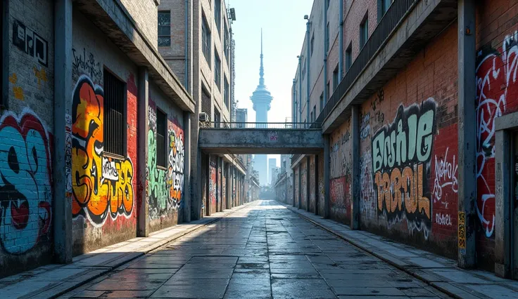 A clean, paved alleyway with towering graffiti-filled walls, leading toward a futuristic city skyline in the background.