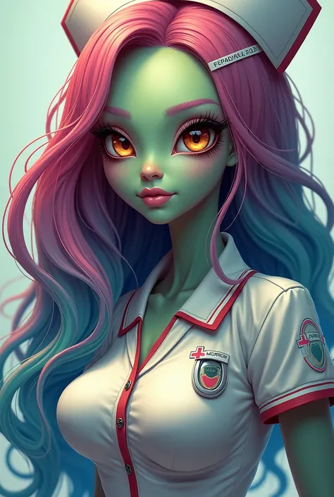 Beautiful alien very huge Breasts He is wearing a nurse uniforms long colorful hair Illustration style close up