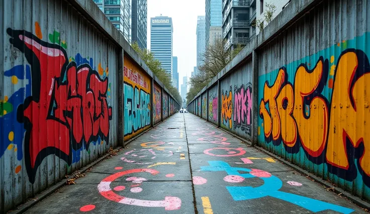 A modern city walkway with metallic walls covered in expressive graffiti, shot from a ground-level perspective to create a cinematic depth effect.