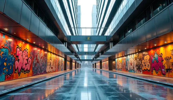 An artistic urban corridor with sleek, modern architecture, decorated with colorful street art, captured from a low-angle perspective. no human