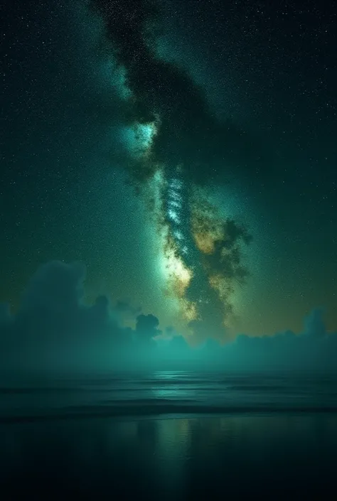 black sky , night sky. In the sky, the lime-colored Milky Way is depicted from left to right. dark grey-green ocean 