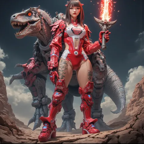 - Main Character, Beautiful "American" Woman, Red Eyes, Medium Hair. Arms full of colored tattoos, full body look.

- Wearing a costume ("Full Sexy Armor"), a costume that embodies the form of "Mighty Morphin Power Rangers- Red Rangers". (Chest and Thigh a...