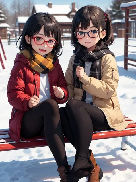 ( Masterpiece,   highest quality ), Three young girls，(), 10歳の girl，      thick eyebrows，baby face，round face，      big round eyes， group ,      ショートツイhmmツイhmmテール     , Dull bangs，           black hair，Glasses， brown eyes，Very short， toddler body type，  fl...