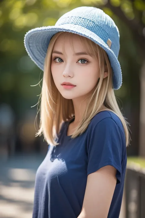  portrait of a blond girl in a blue hat and blue shirt