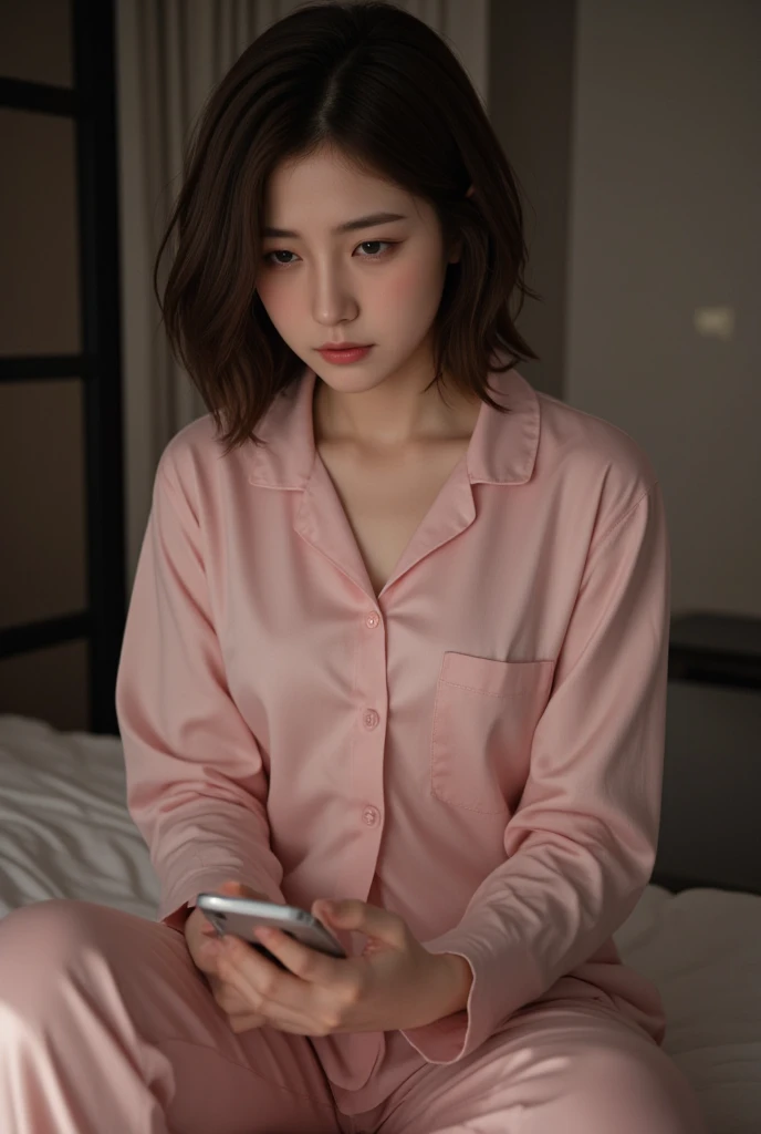 a beautiful 20-year-old woman, brown wavy short hair, looking at her smartphone with a sad expression, sitting on a bed in a dimly lit bedroom, loneliness, anxiety, suspicion, wearing **(long-sleeved pink pajamas with a button-down top and loose pants)**、
...