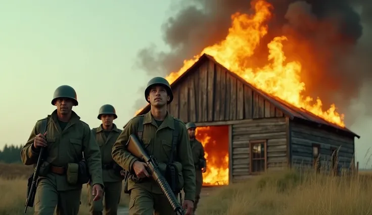 Image is a cinematic scene depicting a group of soldiers in military uniforms walking in front of a burning wooden building. The soldiers are wearing helmets and carrying rifles, with expressions of determination. The sky is a pale blue, contrasting with t...