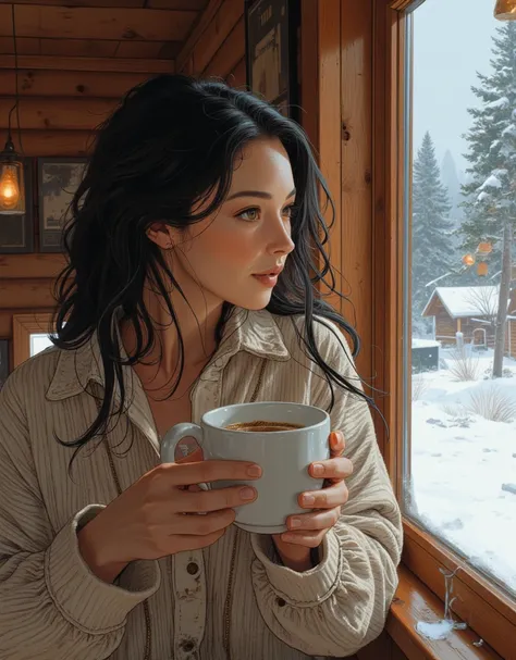 ((masterpiece, highest quality, Highest image quality, High resolution, photorealistic, Raw photo, Extremely detailed CG unified 8k wallpaper)), A snowy morning in the middle of winter, in the atmospheric log cabin, a charming woman looking out the window,...